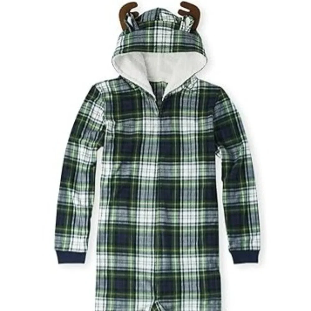 Children's Place Adult Buffalo Plaid Fleece One Piece Medium Pajama Set
